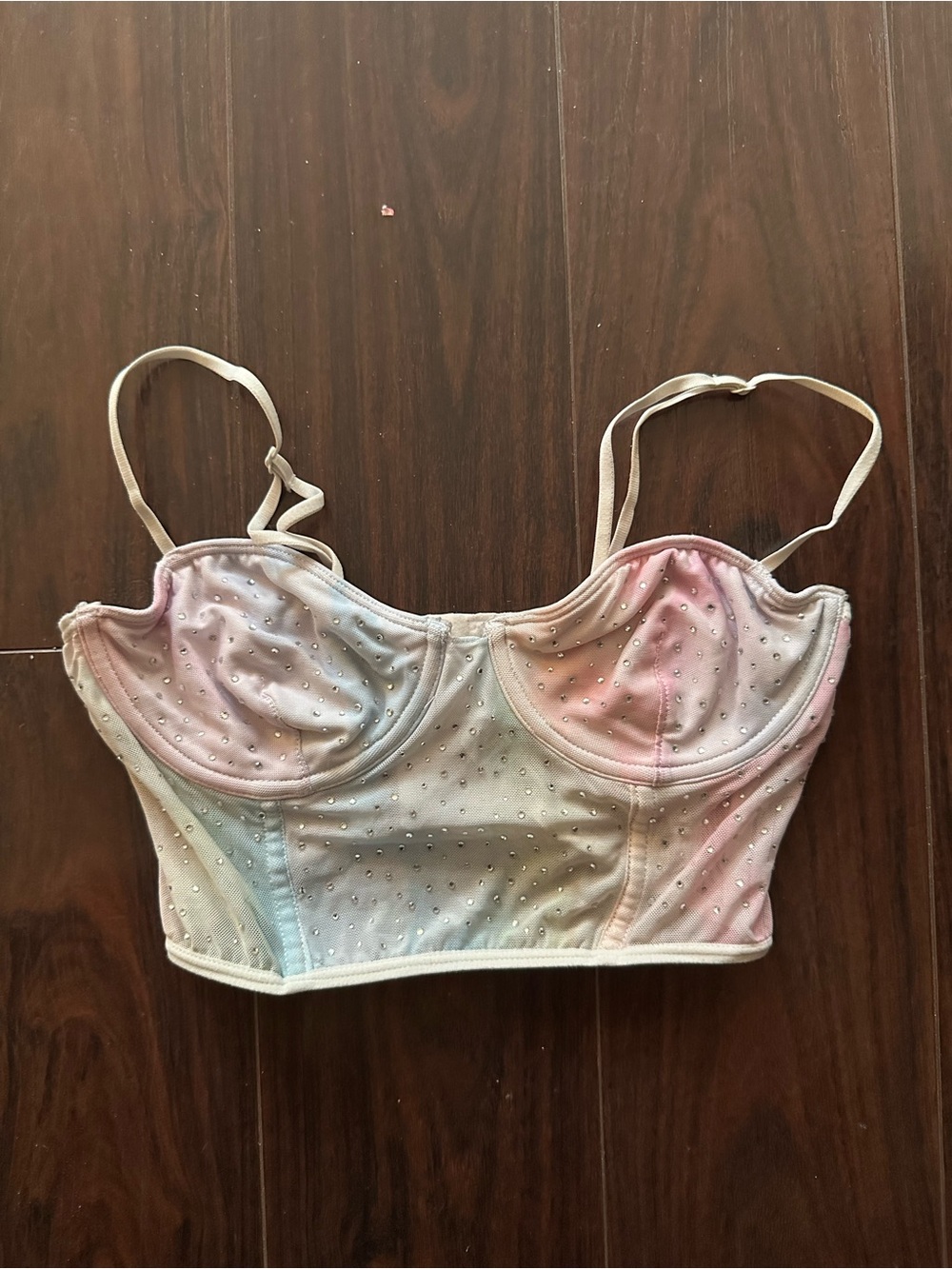 Garage Pastel Pink, Blue & Cream Rhinestone Crop Bustier
